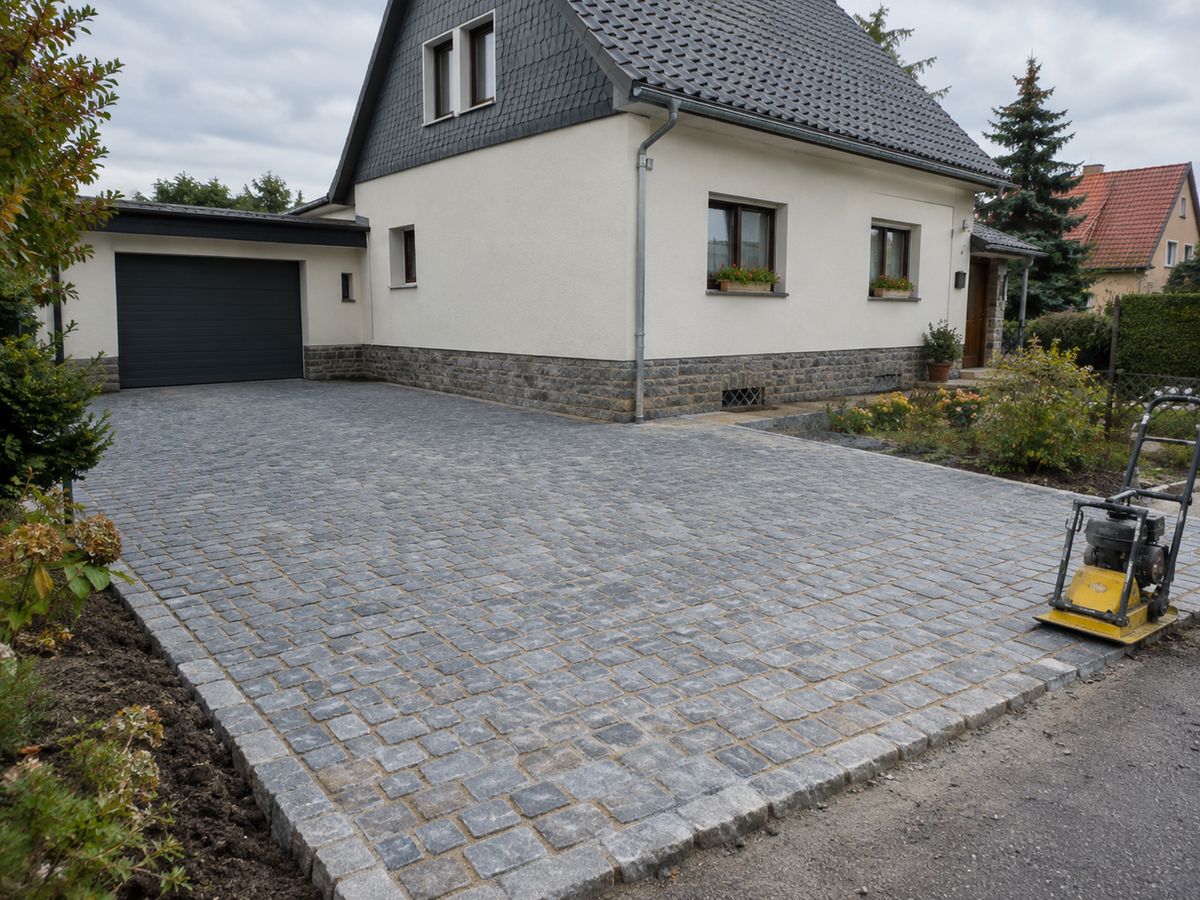Frisch gepflasterte Einfahrt aus Granitpflaster vor einem Einfamilienhaus, daneben eine Rüttelplatte